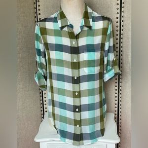 Madewell Broadway and Broome Plaid, Silk, Button Down Blouse, Small